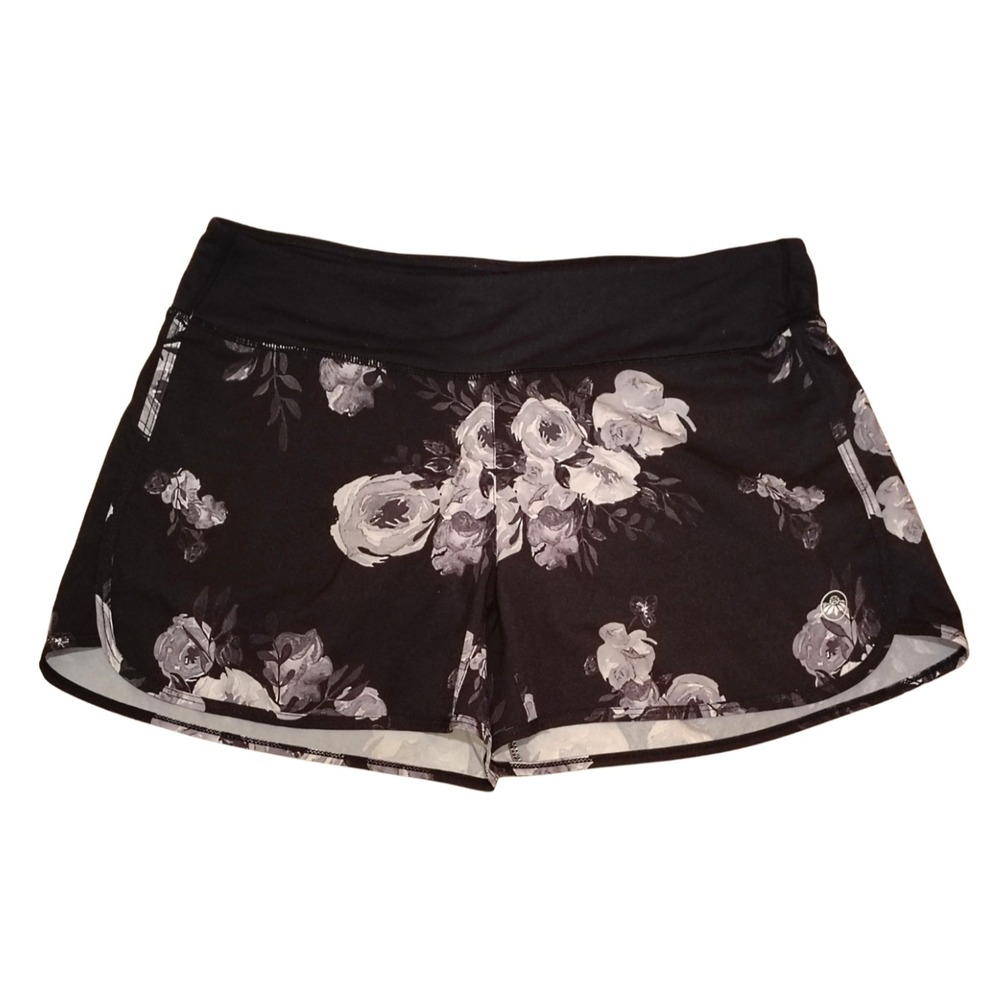 Senita Athletics Swift Black White Rose‎ Floral Print Shorts Large Running Gym